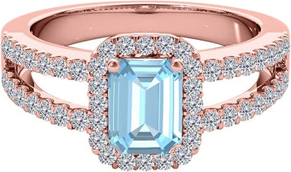 2.00 Cttw Natural Aquamarine And White Diamond Gemstone Ring In 10K Rose Gold Gemstone Emerald Cut Natural Diamond Aquamarine, Best Valentinesday Gift