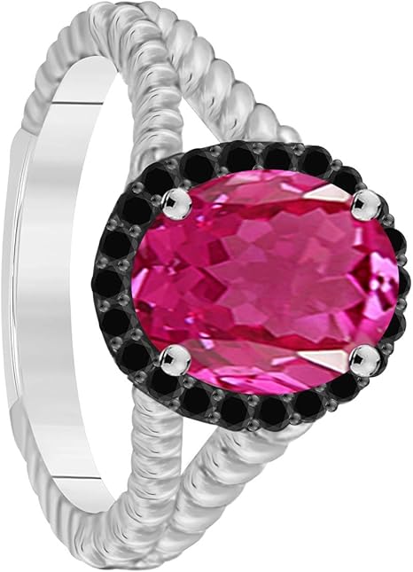 10K Rose, White & Yellow Gold Pink Topaz Black Diamond Ring, Best Valentinesday Gift