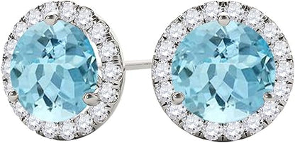 Gemstone Diamond Studs Earrings For Women 1.95 Carat 6MM Natural Round Aquamarine With Natural Round Diamond Studs Push Back Earrings For Ladies In 10K Solid Rose White Yellow Gold Best Jewelry Gift For Her By Aone Jewelry