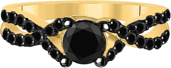 10k Yellow Gold Engagement/Wedding Ring With 1 Cttw (Color Black, Clarity I2-I3) Round Shape Black Diamonds (size 5-9), Best Valentinesday Gift