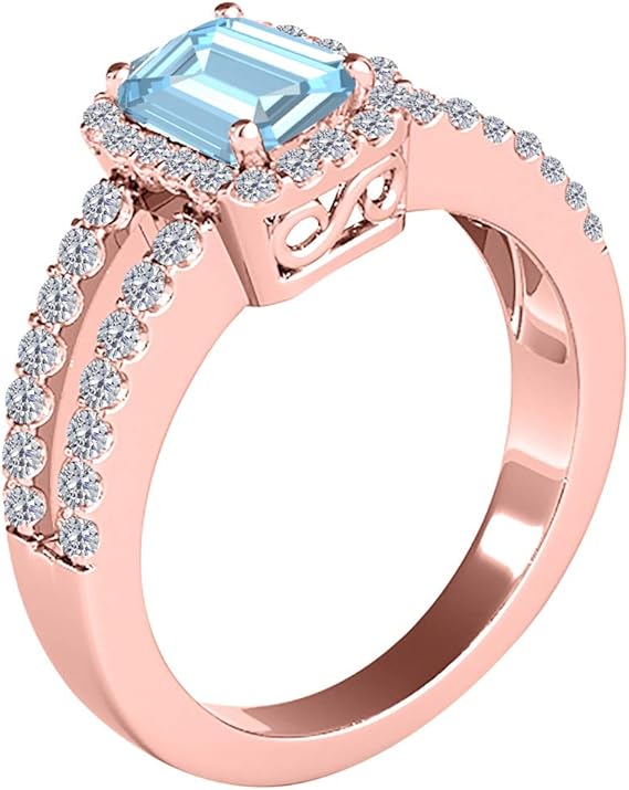 2.00 Cttw Natural Aquamarine And White Diamond Gemstone Ring In 10K Rose Gold Gemstone Emerald Cut Natural Diamond Aquamarine, Best Valentinesday Gift