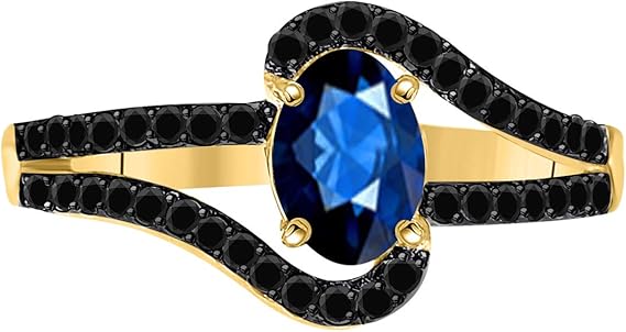 Aonejewelry 1.45 Ct. Created Sapphire Gemstone & Black Diamond Ring in 10k Rose, White & Yellow Gold, Best Valentinesday Gift