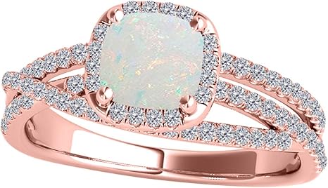 1.35 Carat Cushion Shape Opal & White Diamond Split Shank Ring In 14K Solid Rose Gold, Best Valentinesday Gift