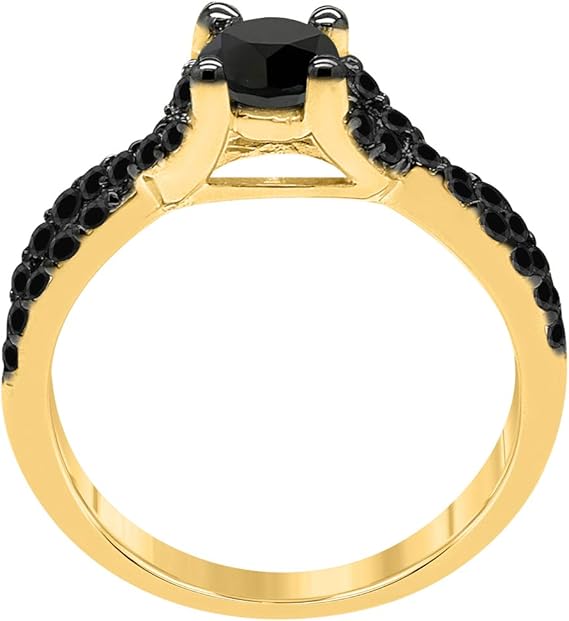 10k Yellow Gold Engagement/Wedding Ring With 1 Cttw (Color Black, Clarity I2-I3) Round Shape Black Diamonds (size 5-9), Best Valentinesday Gift