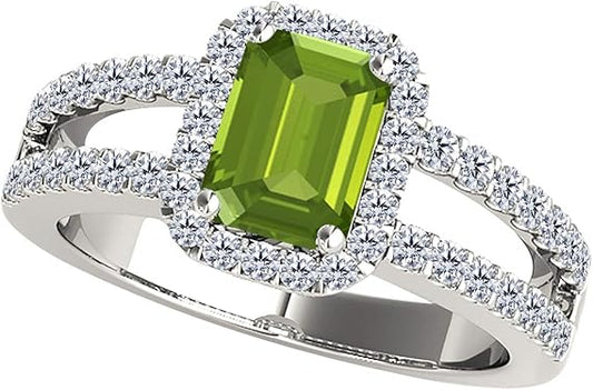 2 Cttw (I-J, I1-I2 Emerald Cut Natural Peridot And Diamond Ring In 10K Gold (Rose, White, Yellow), Best Valentinesday Gift