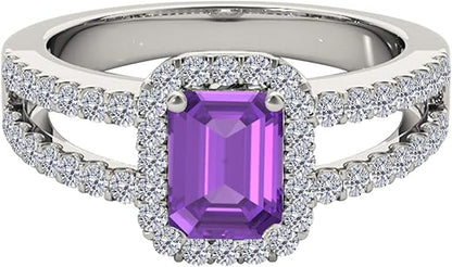 2.00 Carat Emerald Cut Natural Amethyst And Round White Diamond Spilt Shank Ring In 10K White Gold (Diamond Color I- J & Clarity I1-I2), Best Valentinesday Gift