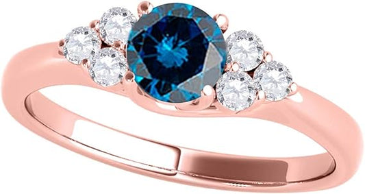 AoneJewelry 0.75 Carat Blue & White Diamond Seven Stone Engagement Ring In 10K Rose Gold, Best Valentinesday Gift