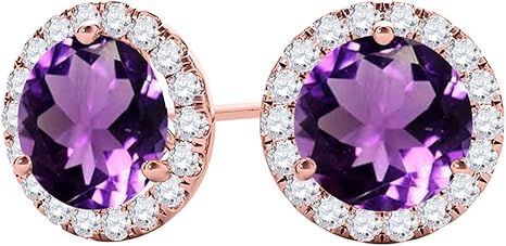 Gemstone Diamond Studs Earrings For Women 1.95 Carat 6MM Round Amethyst & Natural Round Diamond Studs Push Back Earrings For Ladies In 10K Solid Rose White Yellow Gold Best Jewelry Gift For Her By Aone Jewelry