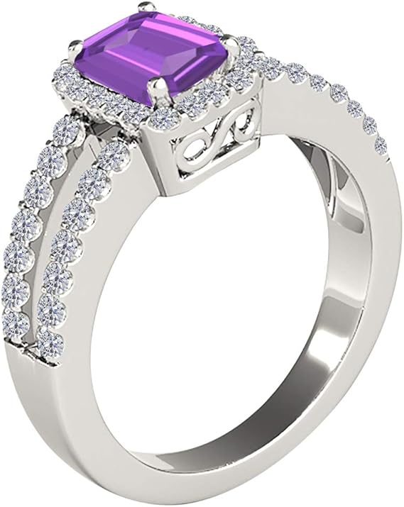 2.00 Carat Emerald Cut Natural Amethyst And Round White Diamond Spilt Shank Ring In 10K White Gold (Diamond Color I- J & Clarity I1-I2), Best Valentinesday Gift