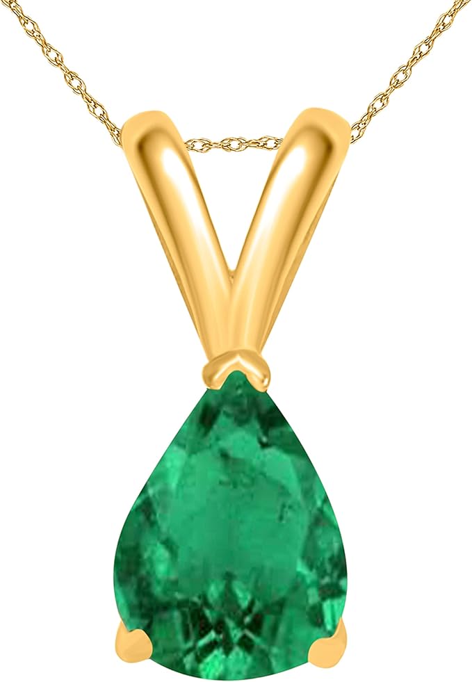 AoneJewelry Emerald Pendant Necklace for Women | 14k Yellow Gold 0.90 Carat 1 Stone Pear Shape Prong Setting 18" Silver Box Chain Necklace Wedding Jewelry Collection