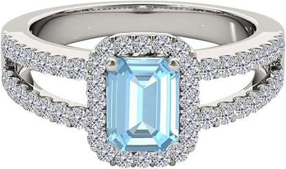 2 Cttw Emerald Cut Natural Aquamarine And Diamond Ring In 10K Solid White Gold (I-J, I1-I2) Gemstone Emerald Cut Natural Diamond Aquamarine, Best Valentinesday Gift