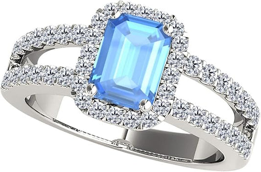 2 Carat Gemstone Emerald Cut Natural Blue Topaz And Diamonds 10K Solid White Gold Ring By Aone Jewelry, Best Valentinesday Gift