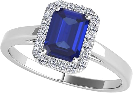 10K Emerald Cut Sapphire And Diamonds Cathederal Style Ring (I-J, I1-I2) with 0.65 Cttw made in White Gold, Best Valentinesday Gift