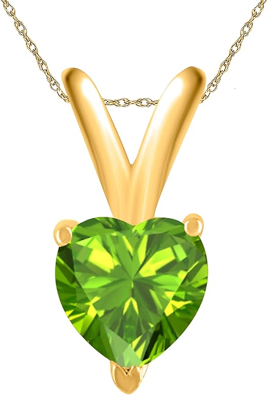 Peridot Pendant Necklace for Women | 14k Yellow Gold 0.25 Carat 1 Stone Heart Shape Prong Setting 18" Silver Box Chain Necklace Wedding Jewelry Collection