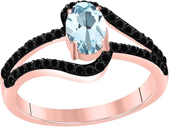 Aonejewelry 1.45 Ct. Natural Aquamarine Black Diamond Ring crafted in 10k Rose, White & Yellow Gold, Best Valentinesday Gift