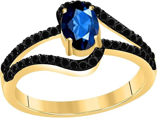 Aonejewelry 1.45 Ct. Created Sapphire Gemstone & Black Diamond Ring in 10k Rose, White & Yellow Gold, Best Valentinesday Gift