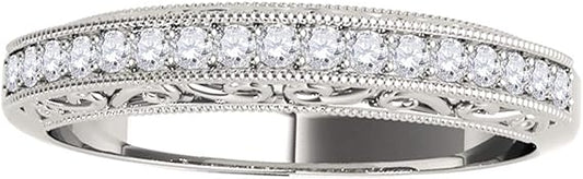 AoneJewelry 1/5 Ct Diamond Milgrained Wedding Band In Solid 10K White Gold, Best Valentinesday Gift