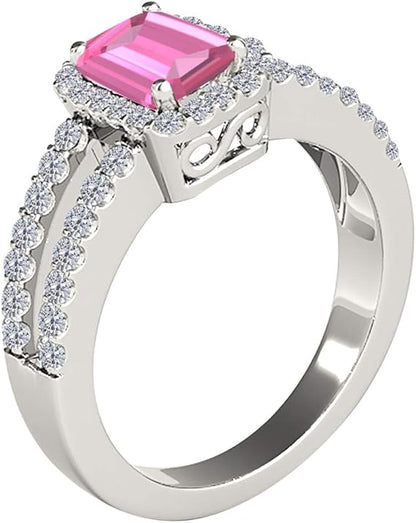 10 Rose, White, Yellow Gold Ring With 2 Carat Emerald Cut Natural Pink Topaz And White Diamonds (I-J, I1-I2), Best Valentinesday Gift