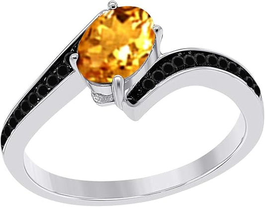 Aonejewelry 1.00 Carat Black Diamond And Oval Shape Citrine Ring In 14K Solid Gold (Rose, White & Yellow), Best Valentinesday Gift