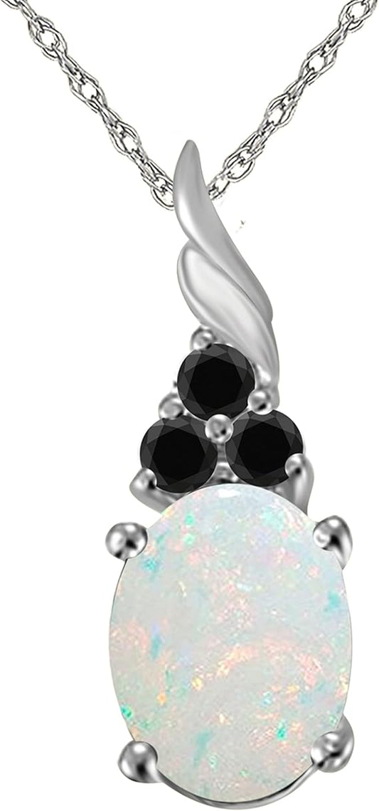 Opal & Black Diamond Pendant Necklace for Women | 14k Rose, White & Yellow Gold 1.36 carat 4 Stone Oval Shape Prong Setting 18" Silver Box Chain Necklace Wedding Jewelry Collection