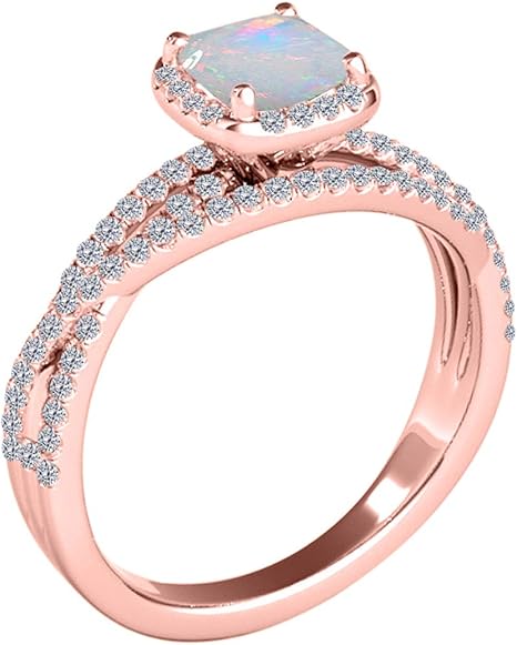 1.35 Carat Cushion Shape Opal & White Diamond Split Shank Ring In 14K Solid Rose Gold, Best Valentinesday Gift