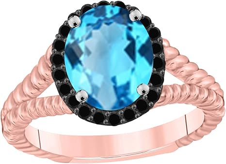 Black Diamond Blue Topaz Ring In 10K Solid Rose, White & Yellow Gold, Best Valentinesday Gift