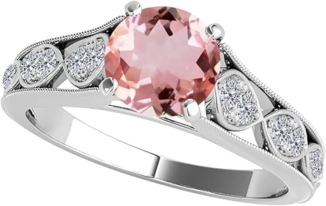 1 Carat (I-J, I1-I2) Round Shape Morganite And Diamond Cathederal Style Ring (size 5-9) In 10k Solid White Gold, Best Valentinesday Gift