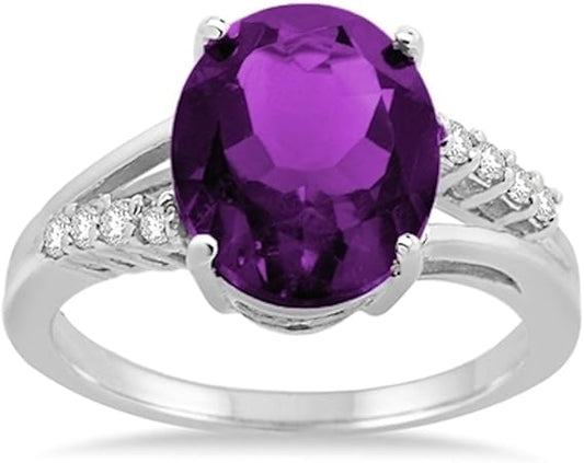 AoneJewelry Oval Shaped Amethyst and Diamond Ring in 10K Gold