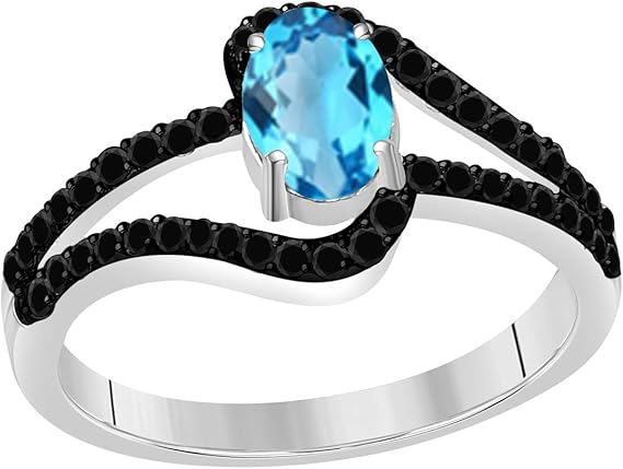 Aonejewelry 1.45 Ct. Blue-Topaz Gemstone & Black Diamond Ring Crafted In 10K Rose, White & Yellow Gold, Best Valentinesday Gift