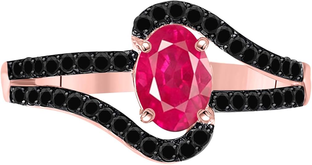 AoneJewelry 1.45 Ct. Created Ruby and Black Diamond Ring In 10K Solid Rose, White & Yellow Gold, Best Valentinesday Gift