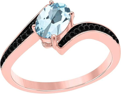 Aonejewelry Oval Shape Aquamarine And Black Diamond Ring In 14K White, Yellow Rose Gold, Best Valentinesday Gift