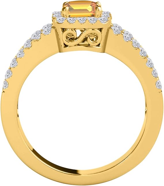 2 Carat Prong Set Ring With Emerald Cut Natural Citrine And Round Cut Diamonds in 10k Yellow Gold, Best Valentinesday Gift