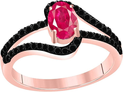 AoneJewelry 1.45 Ct. Created Ruby and Black Diamond Ring In 10K Solid Rose, White & Yellow Gold, Best Valentinesday Gift