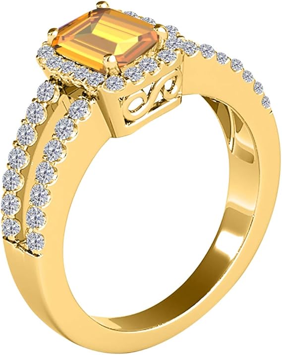 2 Carat Prong Set Ring With Emerald Cut Natural Citrine And Round Cut Diamonds in 10k Yellow Gold, Best Valentinesday Gift