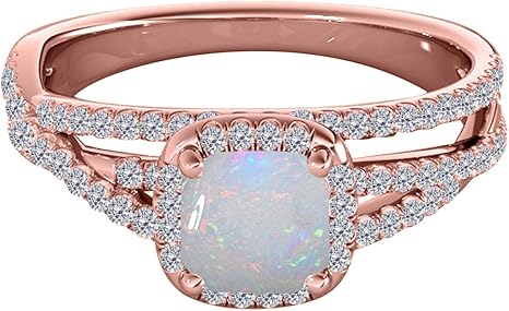 1.35 Carat Cushion Shape Opal & White Diamond Split Shank Ring In 14K Solid Rose Gold, Best Valentinesday Gift