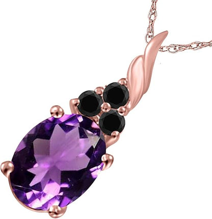 Amethyst & Black Diamond Pendant Necklace for Women | 14k Rose, White & Yellow Gold 1.36 Carat 4 Stone Oval Shape Prong Setting 18" Silver Box Chain Necklace Wedding Jewelry Collection