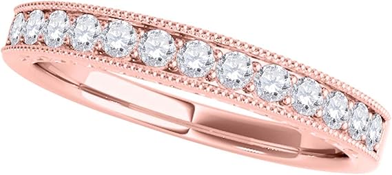 AoneJewelry 3/8 Carat Diamond Milgrained Wedding Band In 10K Rose Gold, Best Valentinesday Gift