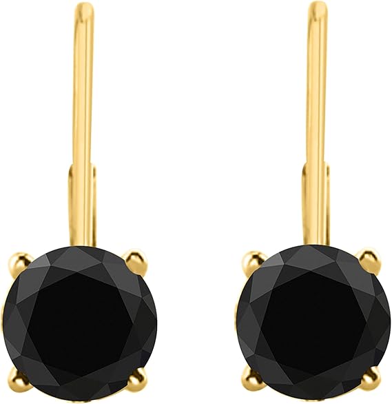 Black Diamond Leverback Earring for Women | 14K White & Yellow Gold 1.50 Carat 2 Stone Round Cut Prong Setting Genuine Diamond Wedding Jewelry Collection