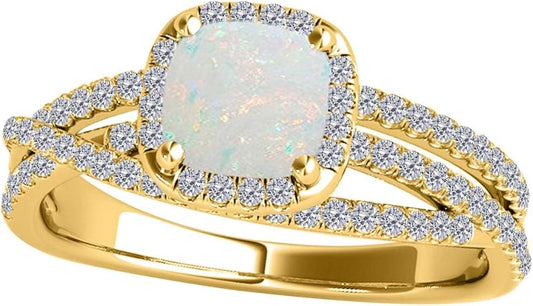 1.35 Carat Cushion Shape Opal & White Diamond Split Shank Ring In 14K Solid Yellow Gold, Best Valentinesday Gift