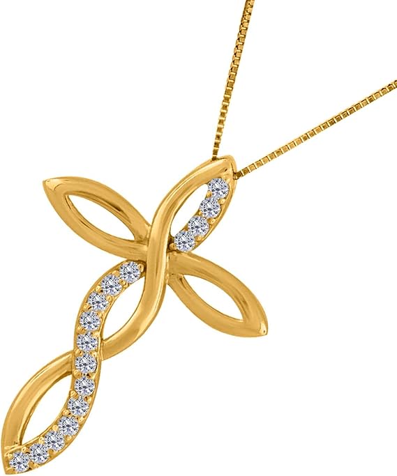 AoneJewelry 0.25 Carat Lab-Grown Round White Diamond Cross-Pendant Necklace For Women in 10K Rose, White and Yellow Gold with Sterling Silver Box Chain.