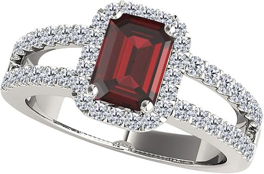 10K Solid White Gold Split Shank Diamond Ring With 2 Cttw Emerald Cut Natural Garnet And Diamonds (I-J, I1-I2), Best Valentinesday Gift