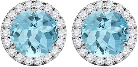 Gemstone Diamond Studs Earrings For Women 1.95 Carat 6MM Natural Round Aquamarine With Natural Round Diamond Studs Push Back Earrings For Ladies In 10K Solid Rose White Yellow Gold Best Jewelry Gift For Her By Aone Jewelry