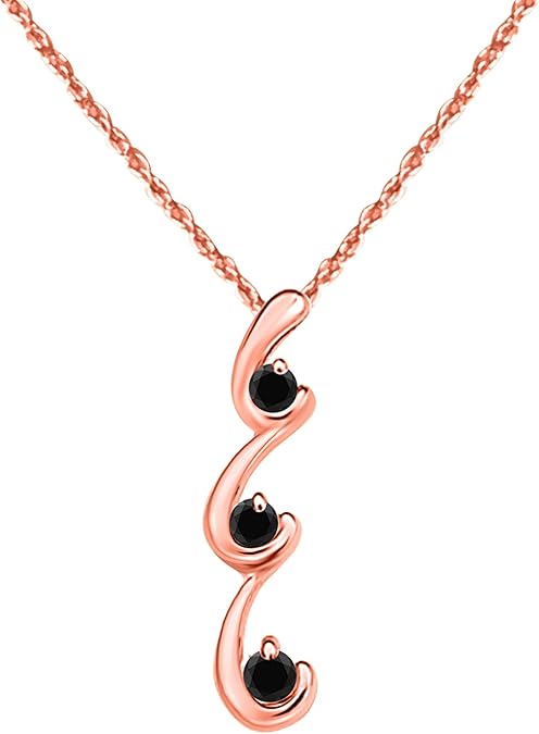 0.50 Carat Natural Black Diamond Three-Stone Swirl Style Pendant Necklace For Woman Crafted In 10k Rose White And Yellow Gold With 18" Gold Plated Over 925 Sterling Silver Box Chain