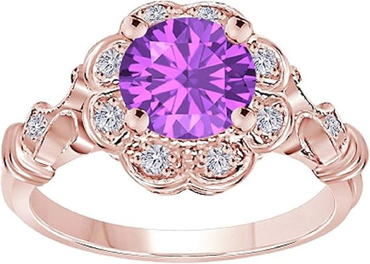 1 Carat Round Shape Natural Amethyst Gemstone And Halo Diamond Ring In 10K Solid Rose,White & Yellow Gold, Best Valentinesday Gift