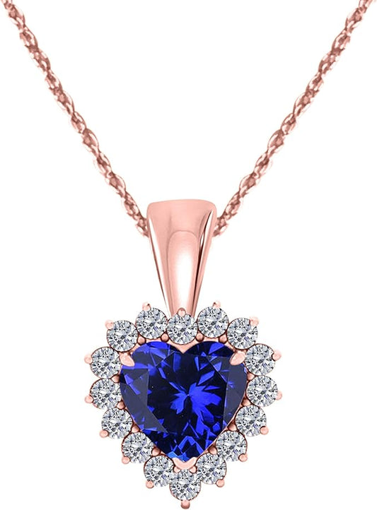 3/4 Carat Heart Shape Created Tanzanite Gemstone In Center With 16 Side White Diamond Pendant Necklace For Woman Crafted In 10k Rose White & Yellow Gold With 18" Gold Plated Over 925 Sterling Silver Box Chain