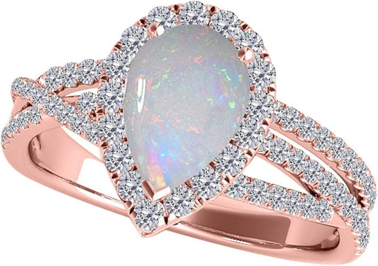 2.00 Carat Pear Shape Opal & Diamond Gemstone Ring In 10K Rose Solid Gold, Best Valentinesday Gift