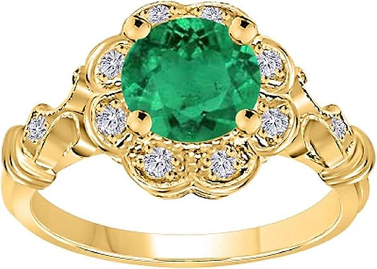 1.00 Carat Created Round Shape Emerald And Halo Diamond Ring In 10K Solid Rose,White & Yellow Gold, Best Valentinesday Gift