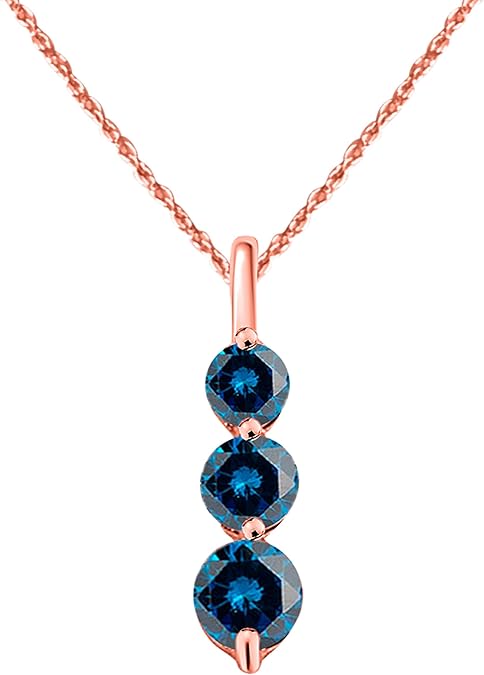 0.50 Carat Natural Blue Diamond Three Stone Design Pendant Necklace For Woman Crafted In 10k Rose White And Yellow Gold With 18" Gold Plated Over 925 Sterling Silver Box Chain