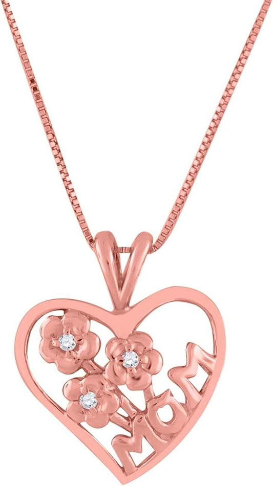 Heart Shape Mom Pendant For Woman With Floral Design In Center With Round Shape Diamond Crafted In 10k Rose White And Yellow Gold With 18" Gold Plated Over 925 Sterling Silver Box Chain