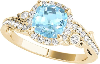 Aonejewelry 1.50 Carat Cushion Cut Aquamarine In Center And White Diamond On Side Engagement Wedding Ring For Woman Crafted In 10K Solid Rose White Yellow Gold, Best Valentinesday Gift